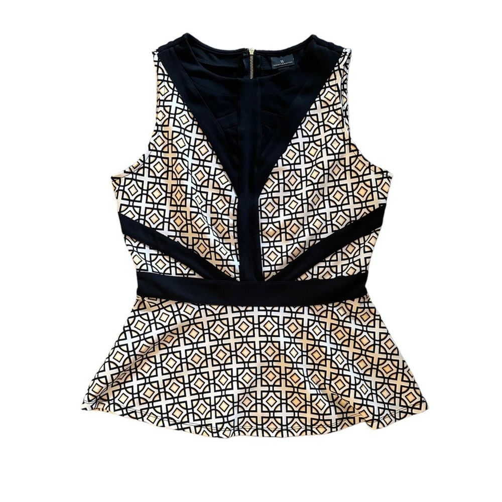 NWT Mesh Yoke Neckline Peplum Top/Blouse Sleeveless Black/White/Yellow Size M